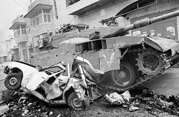 Israelian "Merkava" tank crushing palestinian car