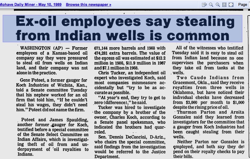 A Moment In Freemarket History: Koch Industries Achieves Maximal Efficiency By Stealing Oil From Native Americans