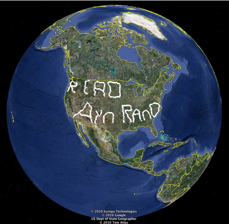 Exiled Bullshit Alert! Who Is "Nick Newcomen"? Answer: An Ad Agency Campaign Paid For By Libertarian Foundation Money...According To Which "Nick Newcomen" Is An Overaged Ayn Rand Groupie With The Face Of A Sexual Predator, Who Spent 30 Days [Cuz He Can't Hold A Day Job] Driving 12,000 Miles Around America [On Government-Funded Roads] Marking A Giant "Read Ayn Rand" On [Government-Invented] GPS, Posting The Satellite View On The [Government-Invented] Internet...Thanks To PR Releases, "Nick Newcomen" Gets Picked Up By Wired, ABC News...We At The eXiled Call Bullshit: Nick Newcomen, If You Are A Real Person With No Financial Ties To The Libertarian Nomenklatura, Prove It To Us, And You Can Take Over The eXiled Online For A Day And Publish All The Ayn Rand Drivel Your Freakish Randroid Brain Can Pump...Meanwhile, Exiled Readers: The First Person Who Can Identify The Sex Offender Claiming To Be "Nick Newcomen" Will Win A Free Signed Copy Of A Rare Exile Newspaper Plus $120 Dollars (1 Penny For Every Mile Nick Newcomen Drove To Paint "Read Ayn Rand")...