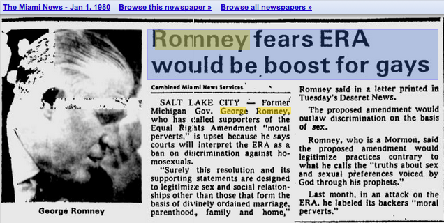 Romney's "Liberal" Daddy Called Supporters Of Equal Rights Amendment "Moral Perverts"